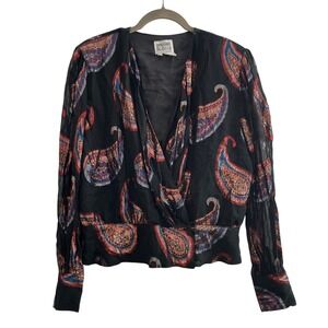 Anne Klein Vintage Metallic Paisley Wrap Blouse Black Red Blue Size 12